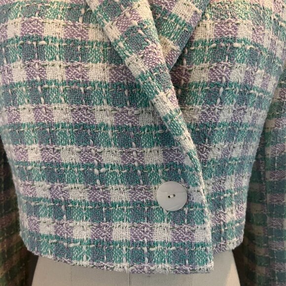 NWT ZARA Textured Plaid Cropped Blazer Jacket Bloggers Fav Turquoise & Lavender - Picture 3 of 16